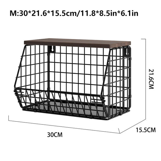 Fruit Basket Onion Storage Wire Baskets with Wood Lid Multifunctional Stackable Wall Mounted Countertop Tiered Kitchen